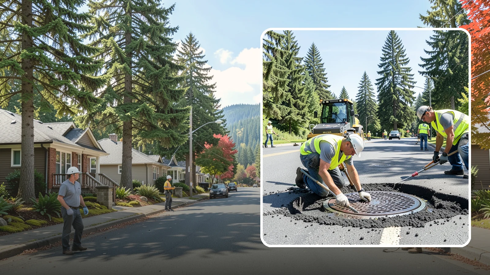 Manhole Adjustment in Hunts Point, King County, WA - Raising, lowering, and repairing manhole frames and covers to match grade and restore safe access.