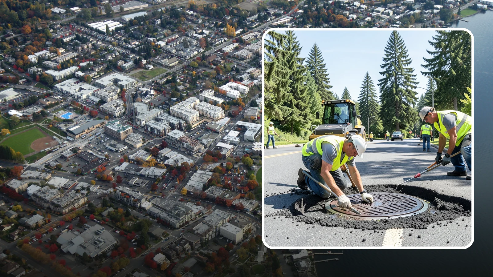 Manhole Adjustment in Kirkland, King County, WA - Raising, lowering, and repairing manhole frames and covers to match grade and restore safe access.