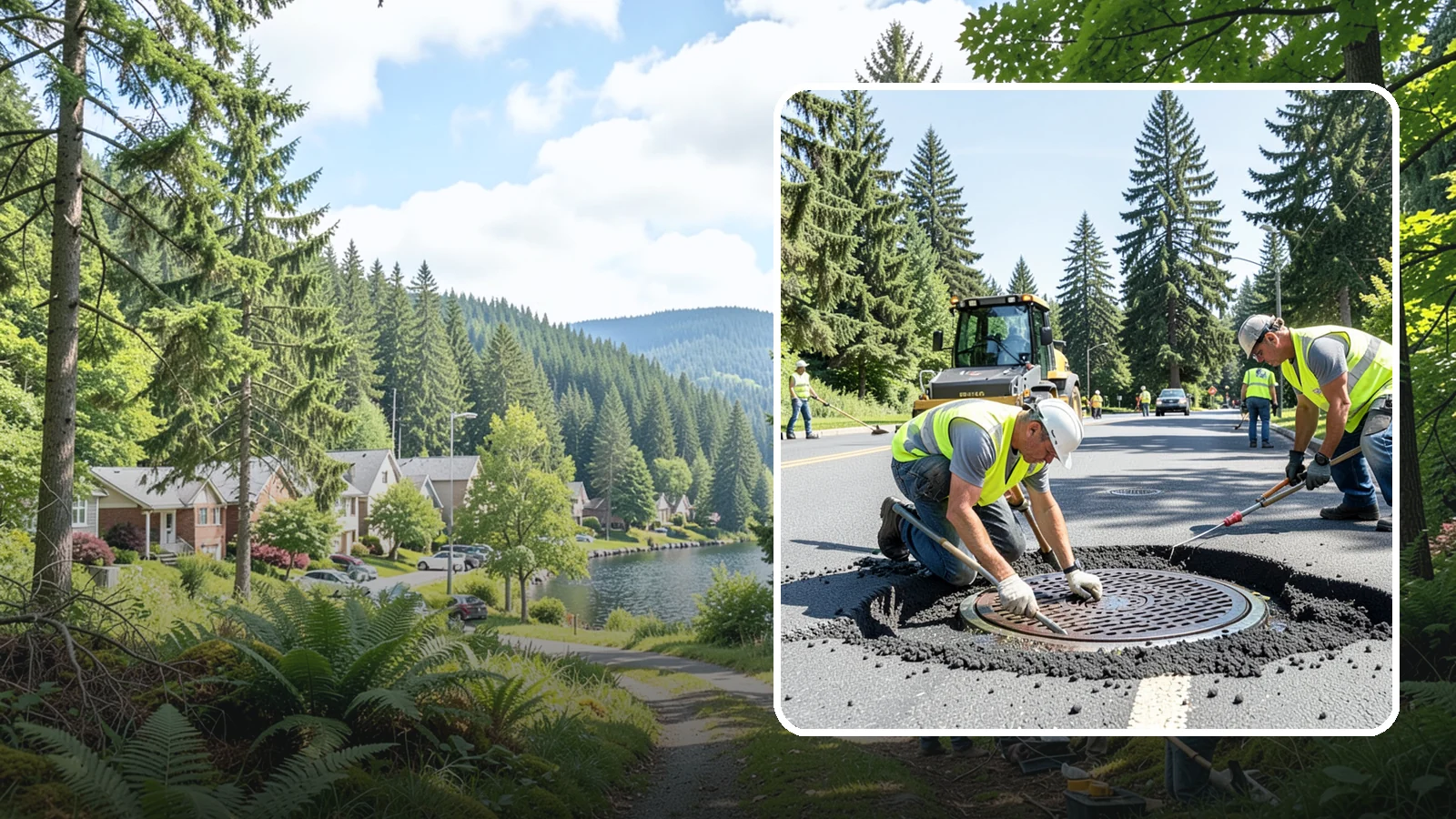 Manhole Adjustment in Lake Forest Park, King County, WA - Raising, lowering, and repairing manhole frames and covers to match grade and restore safe access.