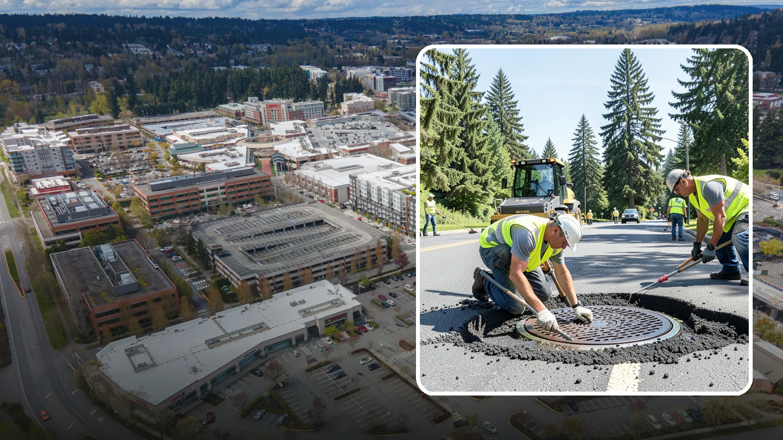 Manhole Adjustment in Redmond, King County, WA - Raising, lowering, and repairing manhole frames and covers to match grade and restore safe access.