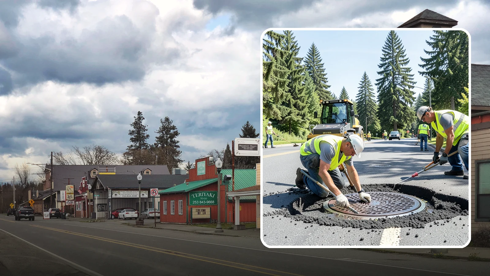 Manhole Adjustment in Roy, Pierce County, WA - Raising, lowering, and repairing manhole frames and covers to match grade and restore safe access.