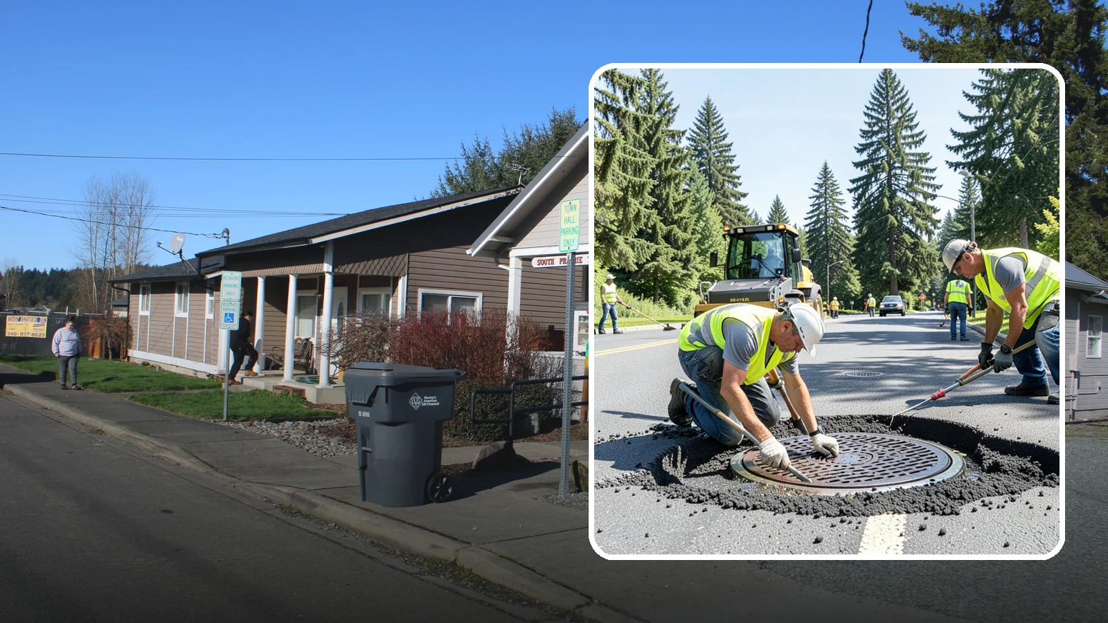 Manhole Adjustment in South Prairie, Pierce County, WA - Raising, lowering, and repairing manhole frames and covers to match grade and restore safe access.