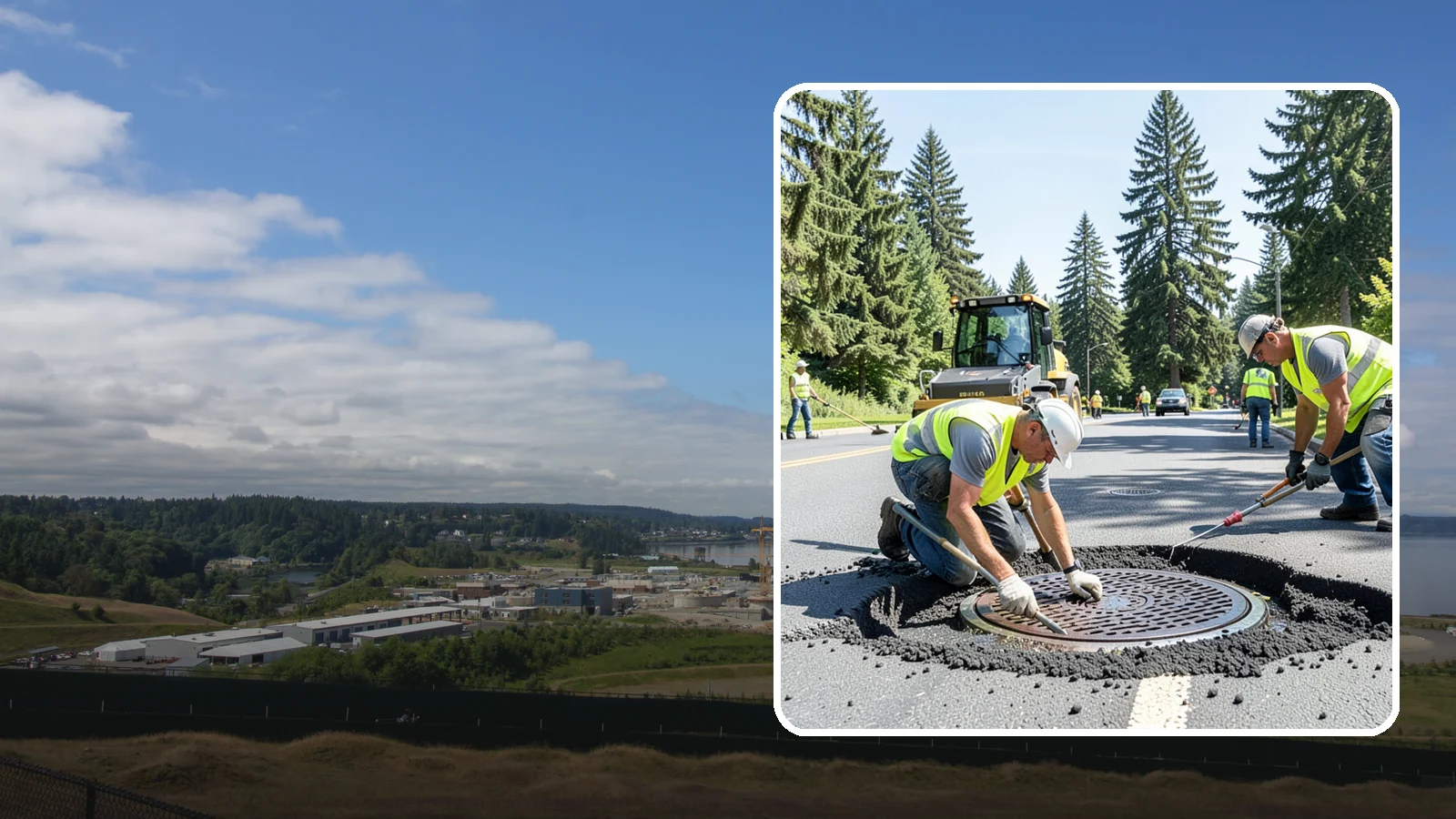 Manhole Adjustment in University Place, Pierce County, WA - Raising, lowering, and repairing manhole frames and covers to match grade and restore safe access.