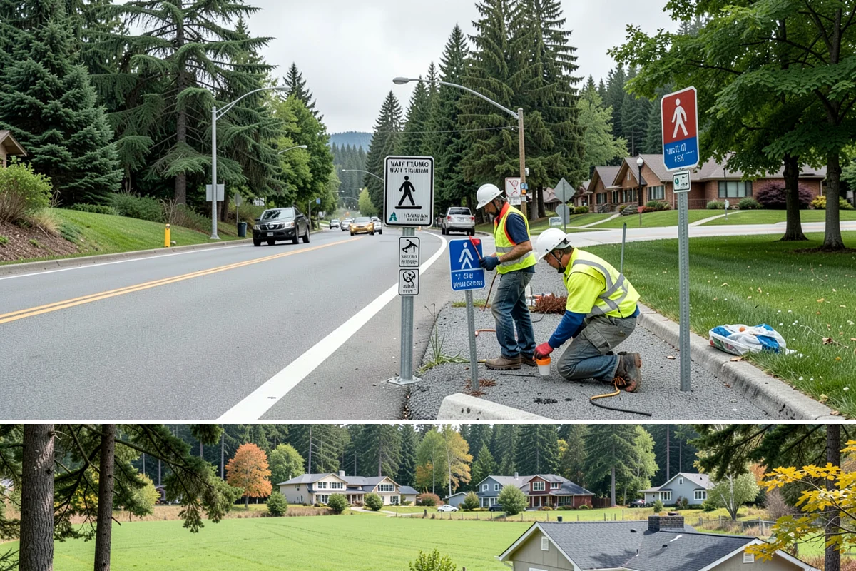 Median & Roundabout Landscaping in Lyman, Skagit County, WA - Planting is scheduled for the mild spring and fall windows, while sight-line trimming continues through the active growing season.