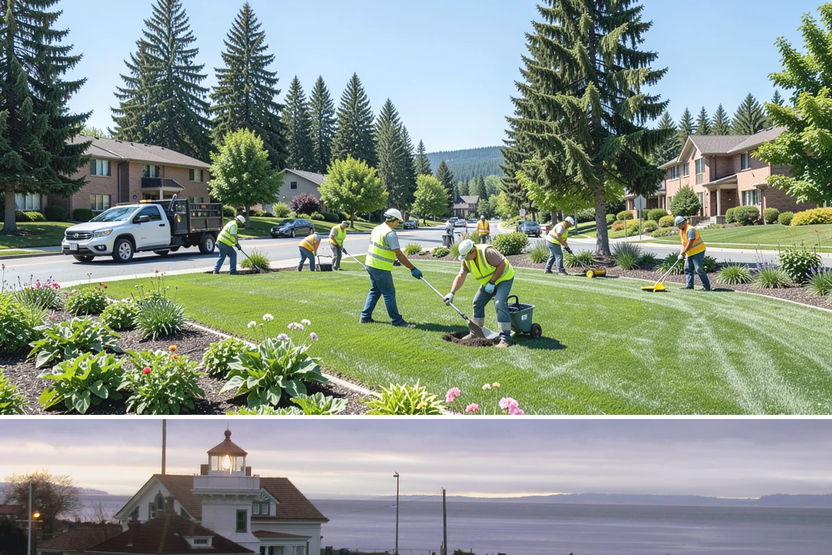 Median & Roundabout Landscaping in Mukilteo, Snohomish County, WA - Planting is scheduled for the mild spring and fall windows, while sight-line trimming continues through the active growing season.