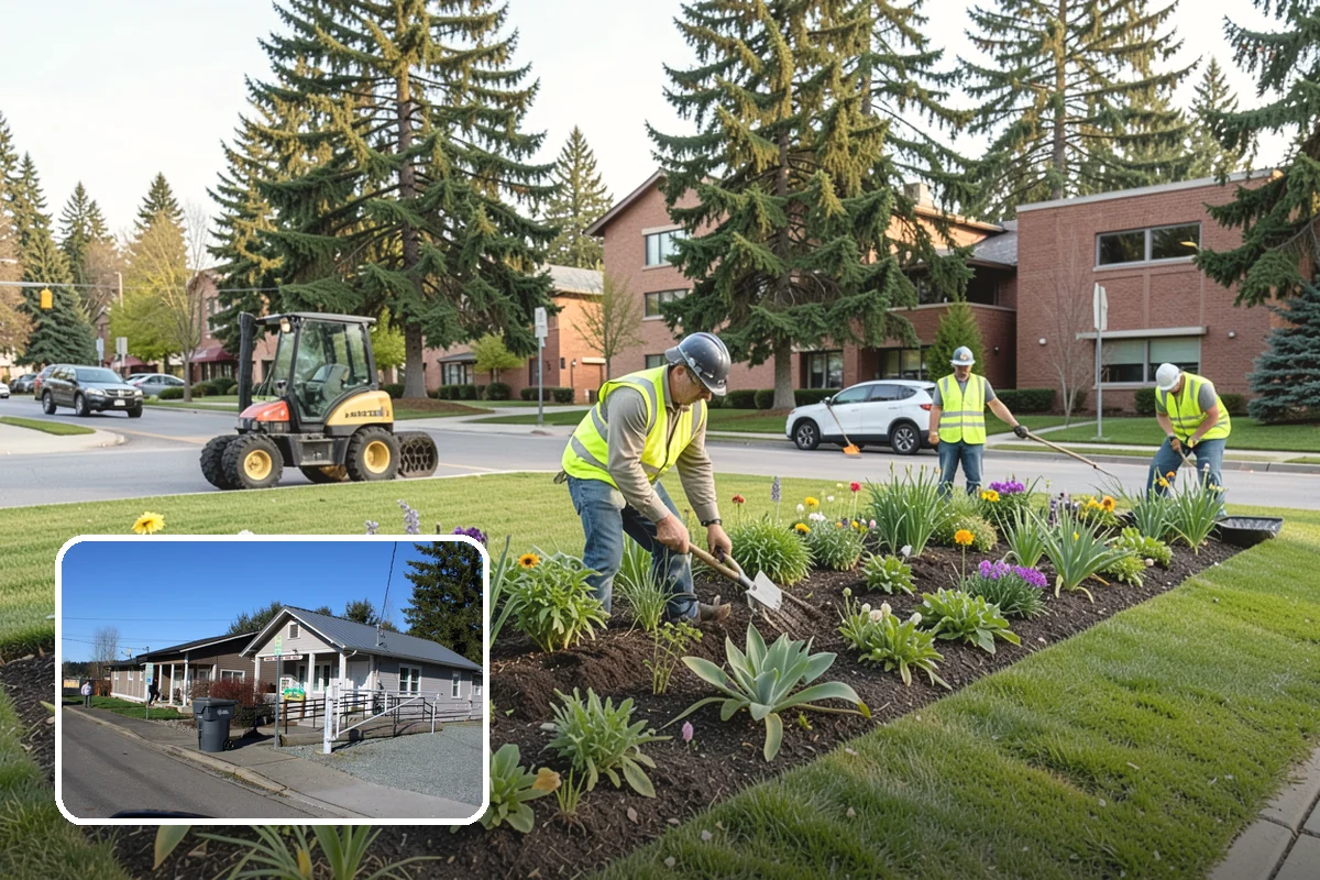 Median & Roundabout Landscaping in South Prairie, Pierce County, WA - Sight-safe plant selection maintains driver visibility and MUTCD compliance