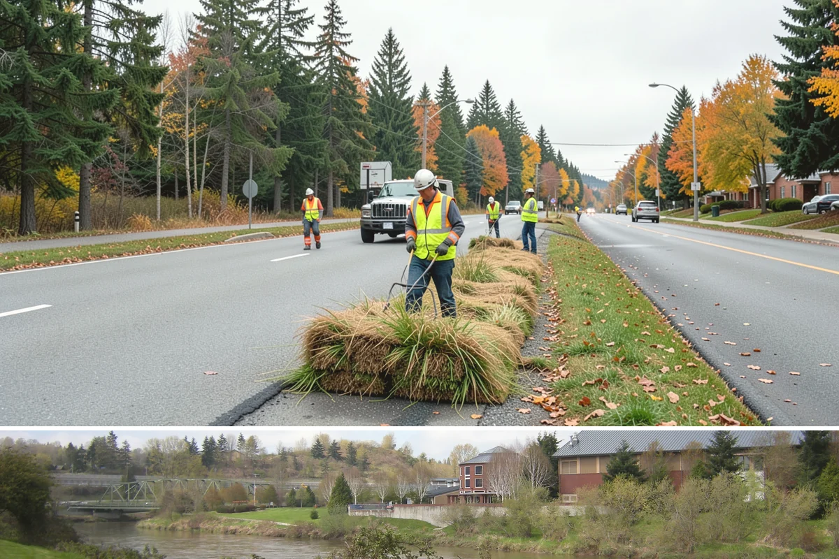 Median & Roundabout Landscaping in Tukwila, King County, WA - Planting is scheduled for the mild spring and fall windows, while sight-line trimming continues through the active growing season.
