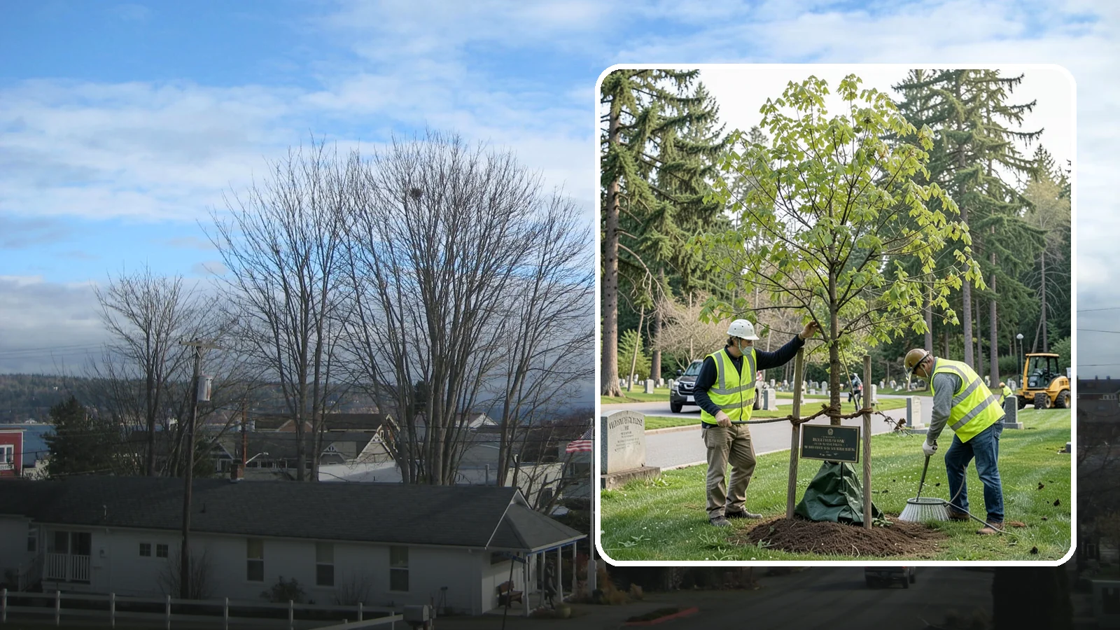 Memorial Tree Planting in Langley, Island County, WA - Dedicated planting of commemorative trees with donor coordination, plaque placement, and long-term establishment care.