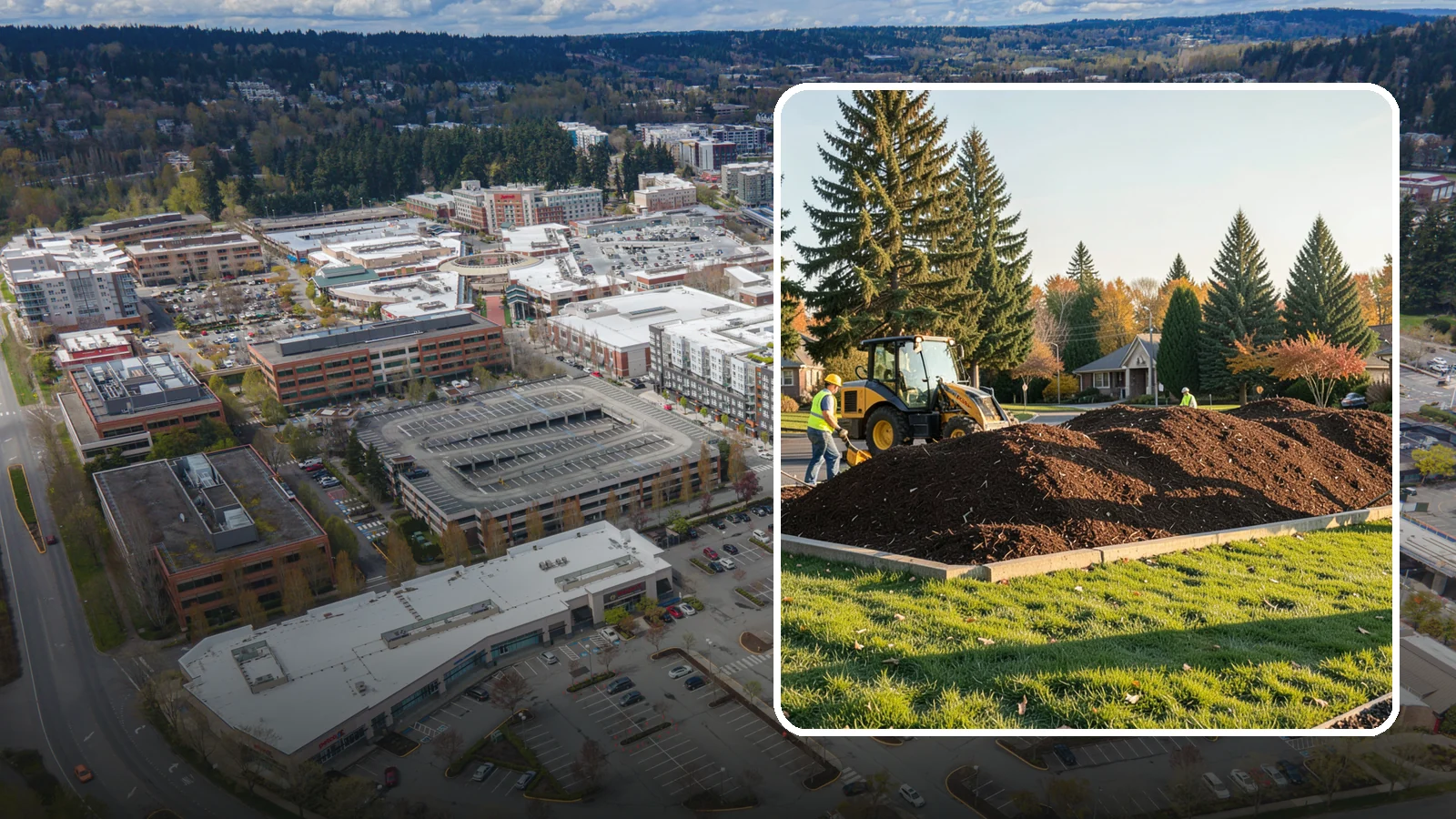 Mulch Installation in Redmond, King County, WA - Fresh mulch installation that suppresses weeds, retains moisture, and gives public beds a uniform finish.
