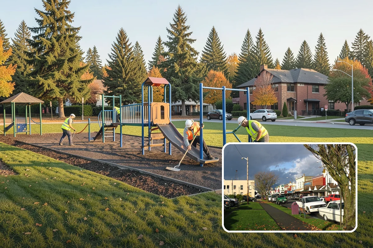 Municipal Bark Installation in Arlington, Snohomish County, WA - Uniform bark depth improves the appearance of public landscapes