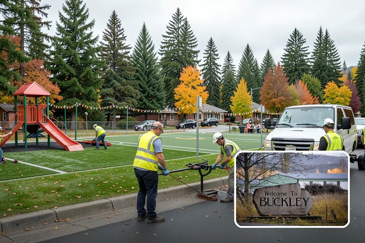Municipal Bark Installation in Buckley, Pierce County, WA - Uniform bark depth improves the appearance of public landscapes