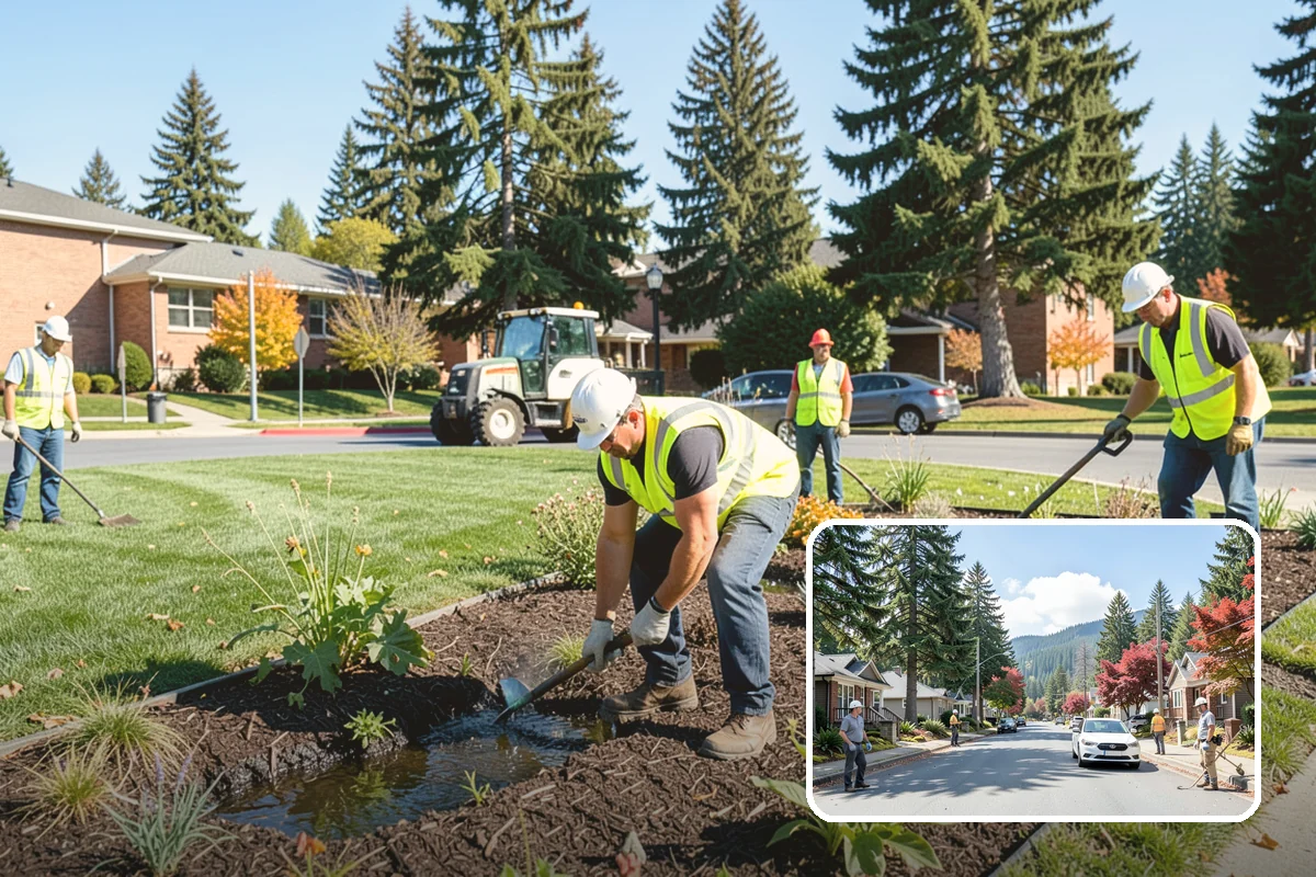 Municipal Bark Installation in Hunts Point, King County, WA - Uniform bark depth improves the appearance of public landscapes