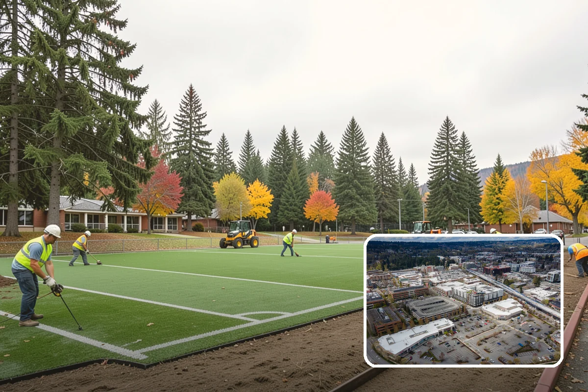 Municipal Bark Installation in Redmond, King County, WA - Uniform bark depth improves the appearance of public landscapes