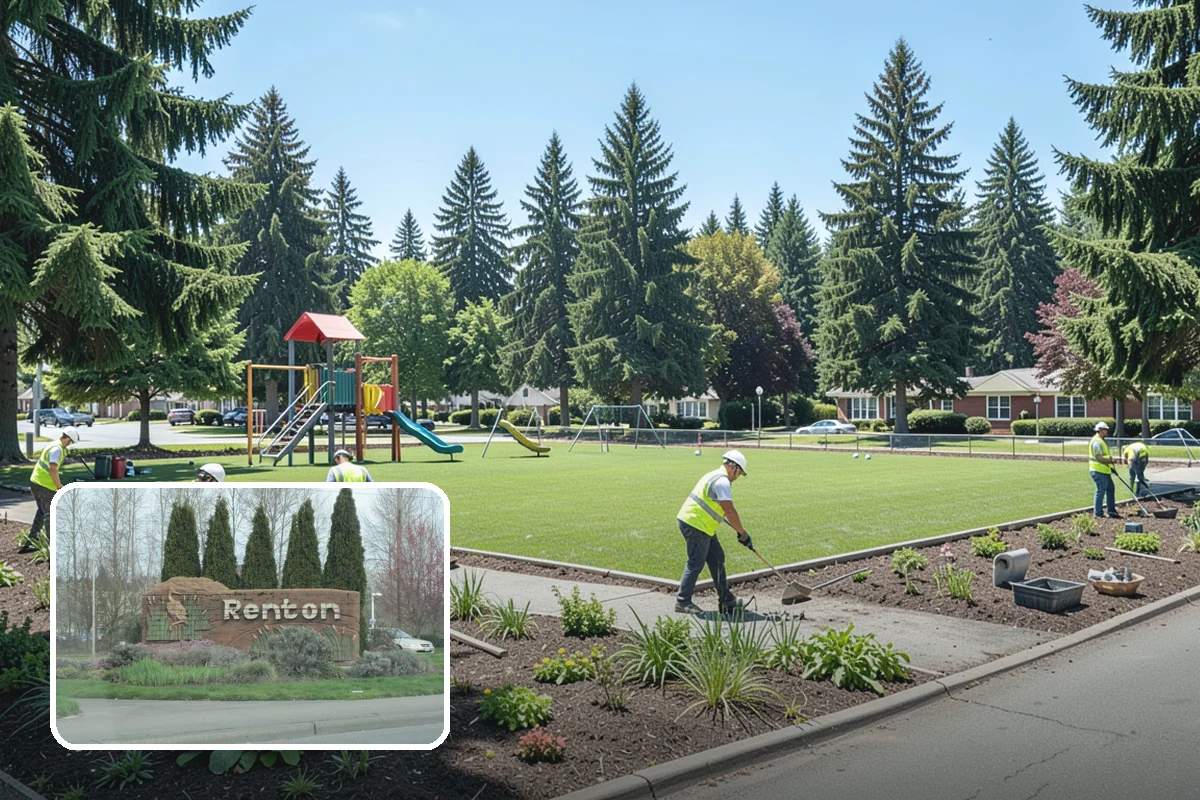 Municipal Bark Installation in Renton, King County, WA - Uniform bark depth improves the appearance of public landscapes