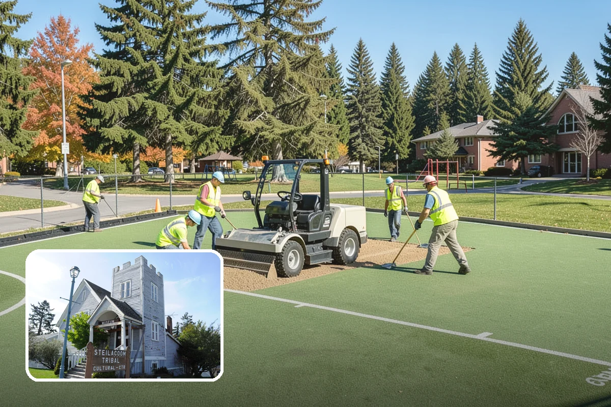 Municipal Bark Installation in Steilacoom, Pierce County, WA - Uniform bark depth improves the appearance of public landscapes