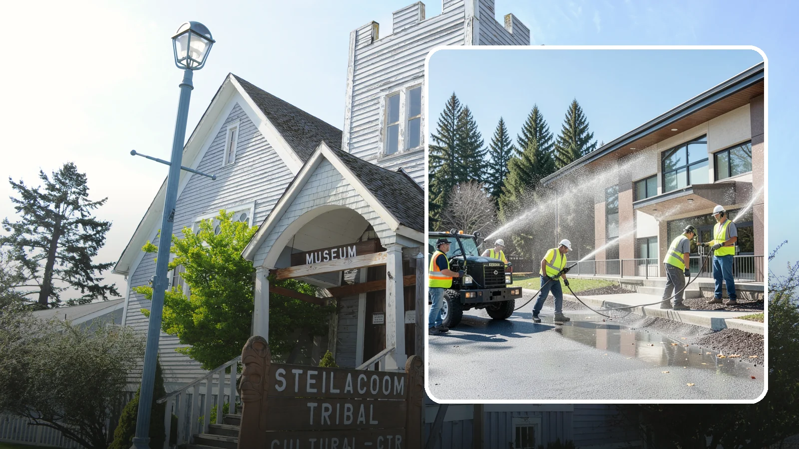 Municipal Building Washing in Steilacoom, Pierce County, WA - We wash public building exteriors to remove mildew, algae, and grime using safe methods for Western Washington civic facilities.