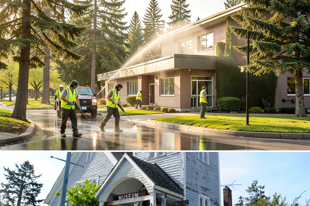 Municipal Building Washing in Steilacoom, Pierce County, WA - Building washing is best performed in the drier months from late spring through early fall, when surfaces dry and treatments work...