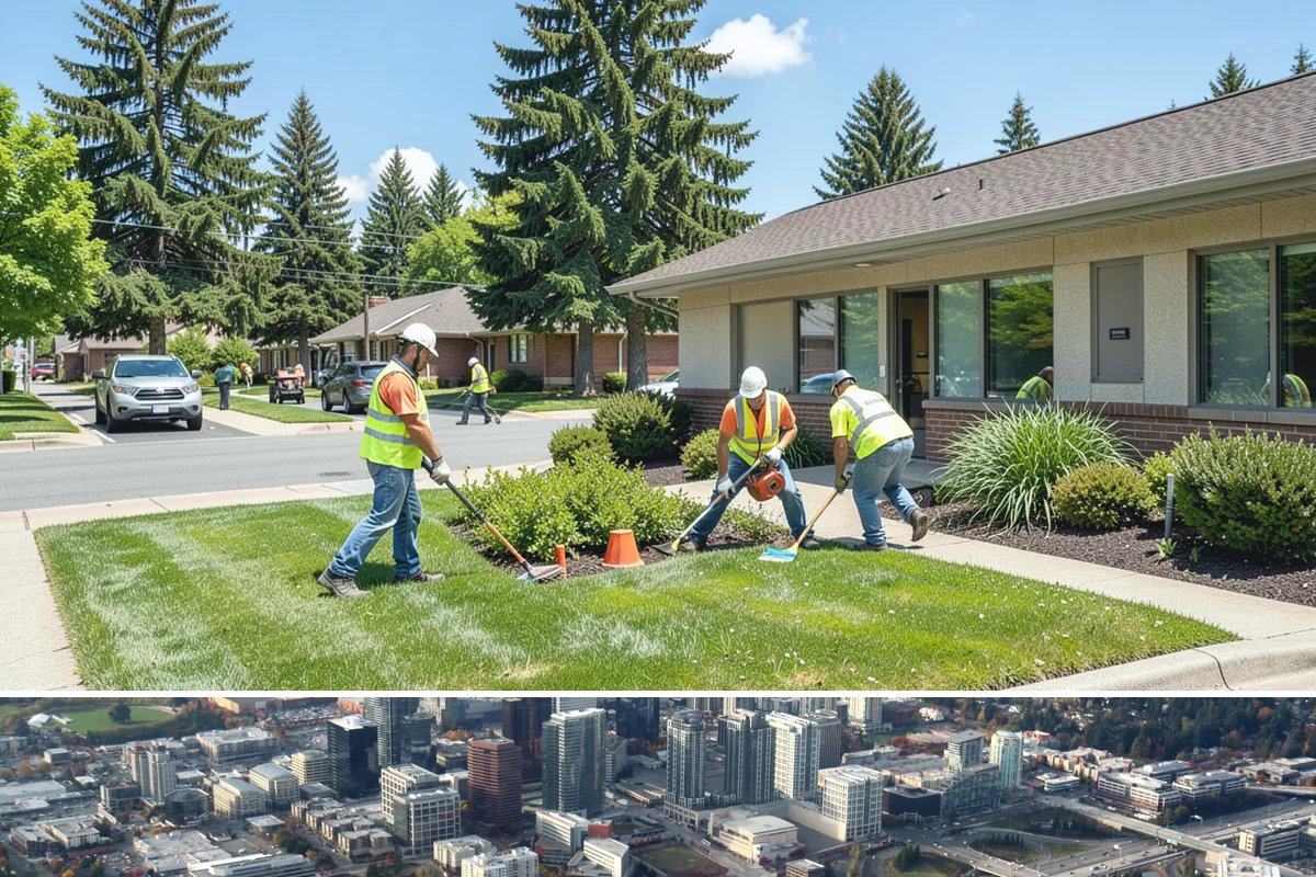 Municipal Court Facility Maintenance in Bellevue, King County, WA - Entry landscapes are refreshed each spring, while leaf and slip-hazard control take priority through the wet fall months.