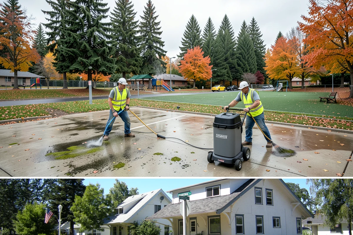 Municipal Court Facility Maintenance in DuPont, Pierce County, WA - Entry landscapes are refreshed each spring, while leaf and slip-hazard control take priority through the wet fall months.