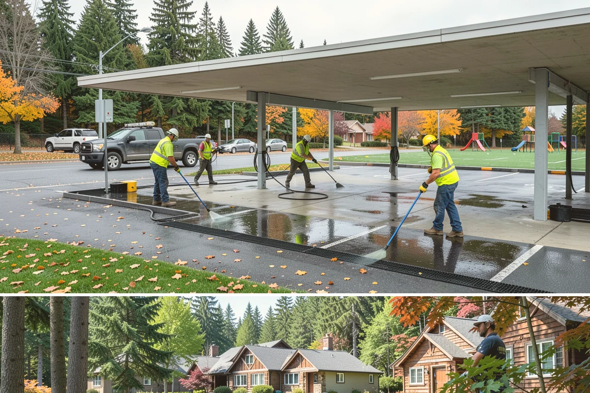 Municipal Court Facility Maintenance in Edgewood, Pierce County, WA - Entry landscapes are refreshed each spring, while leaf and slip-hazard control take priority through the wet fall months.