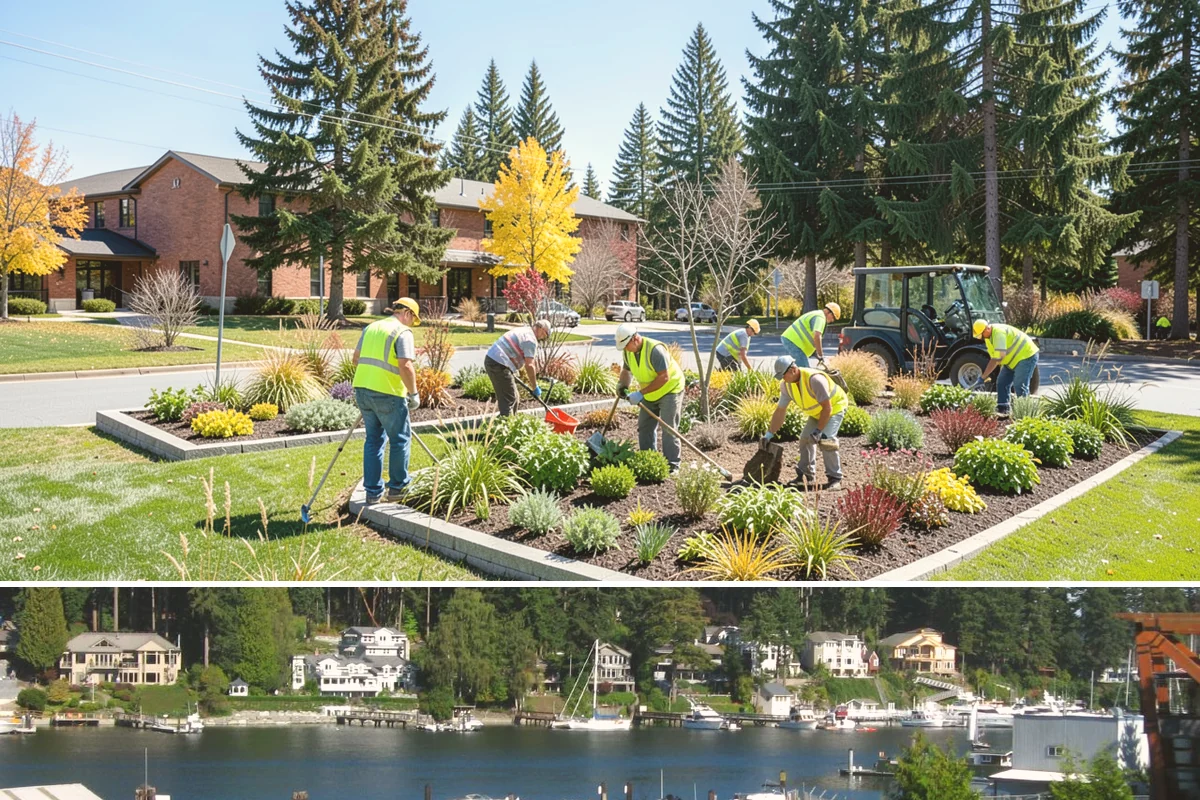 Municipal Court Facility Maintenance in Gig Harbor, Pierce County, WA - Entry landscapes are refreshed each spring, while leaf and slip-hazard control take priority through the wet fall months.