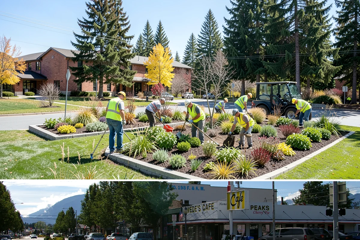 Municipal Court Facility Maintenance in North Bend, King County, WA - Entry landscapes are refreshed each spring, while leaf and slip-hazard control take priority through the wet fall months.