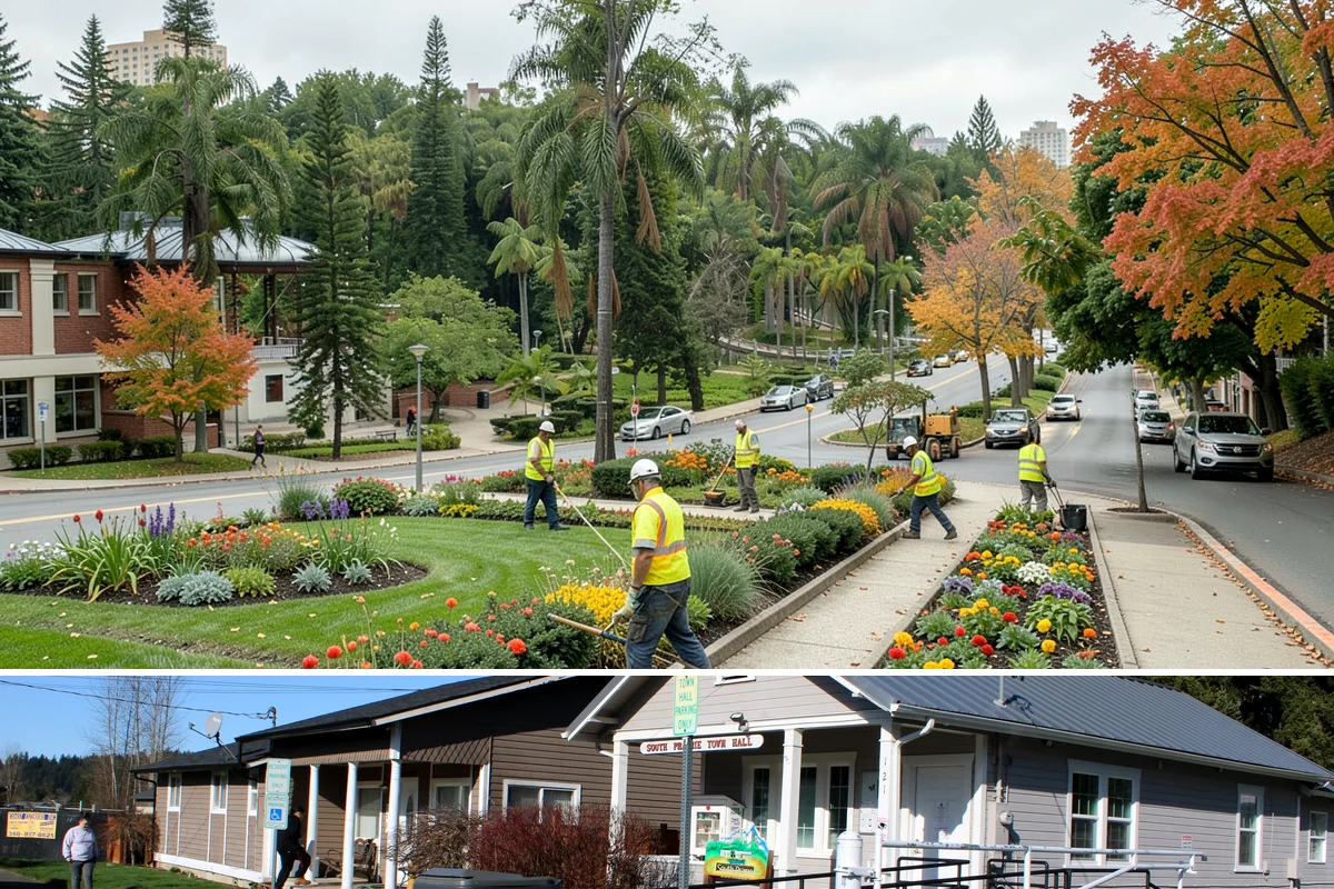 Municipal Court Facility Maintenance in South Prairie, Pierce County, WA - Entry landscapes are refreshed each spring, while leaf and slip-hazard control take priority through the wet fall months.