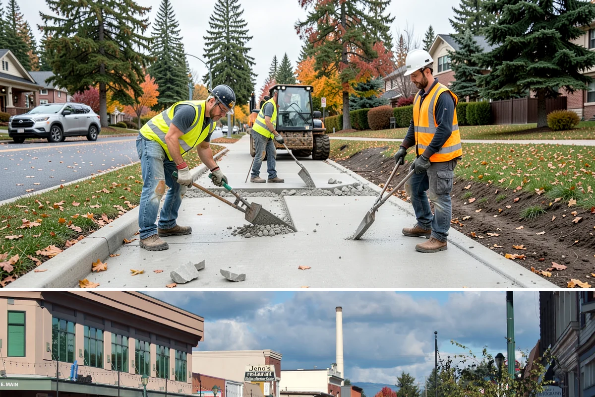 Municipal Curb & Gutter in Monroe, Snohomish County, WA - Warm, dry months ensure curb concrete cures to strength before exposure to standing water and traffic.