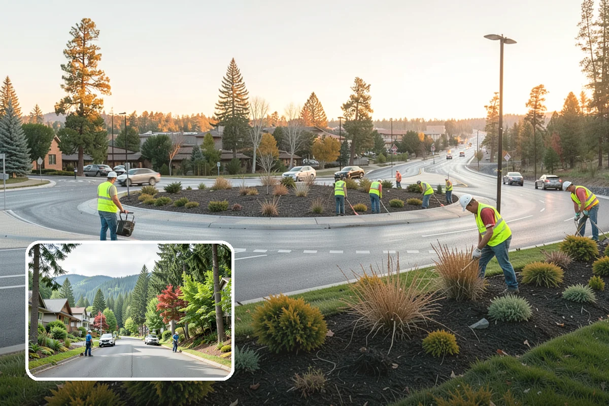 Municipal Landscape Installation in Darrington, Snohomish County, WA - Turnkey installation coordinates plants, soil, and irrigation under one contract