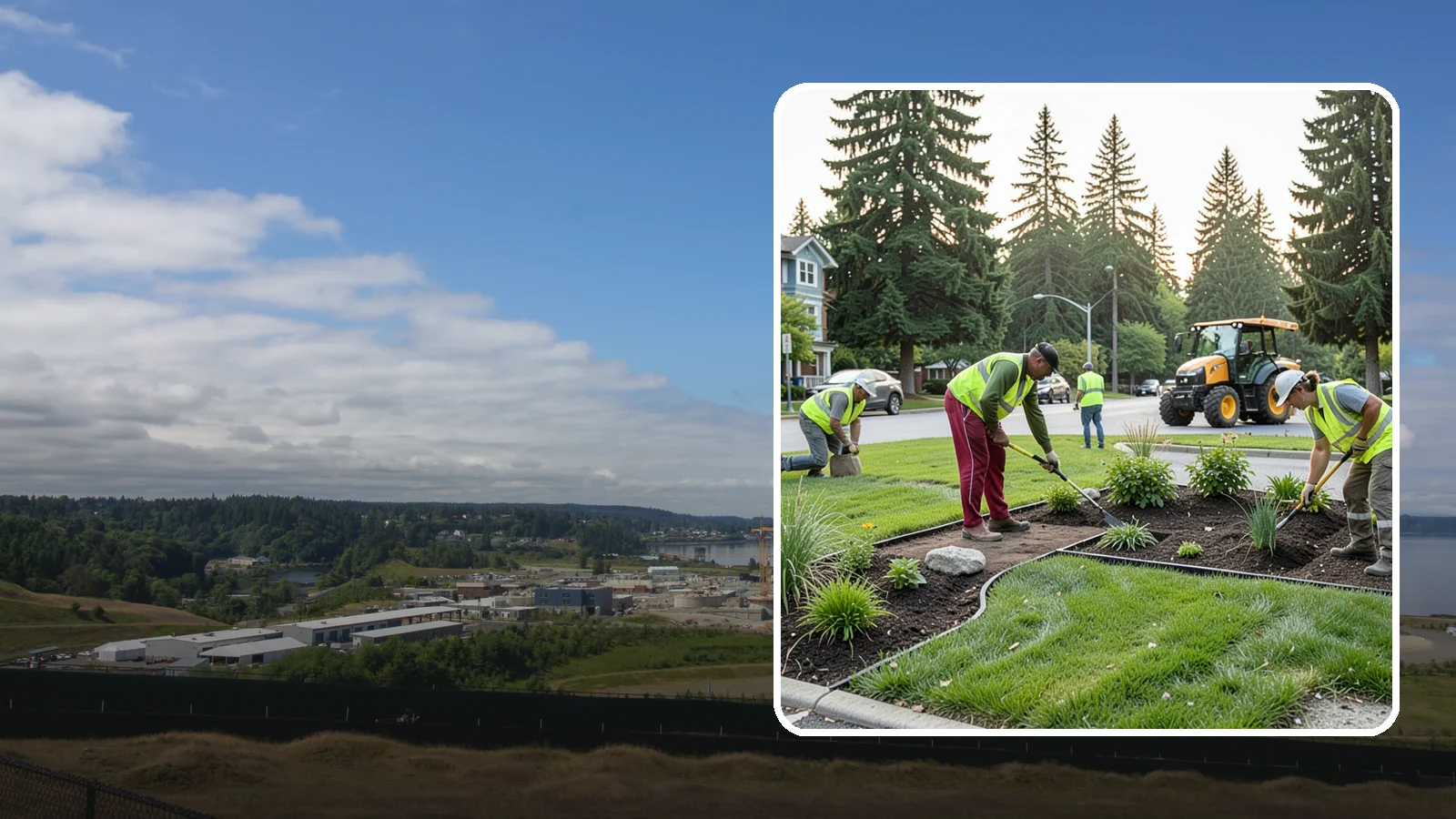 Municipal Landscape Installation in University Place, Pierce County, WA - We build new public landscapes, from plantings and beds to irrigation and hardscape edging, for Western Washington capital and...