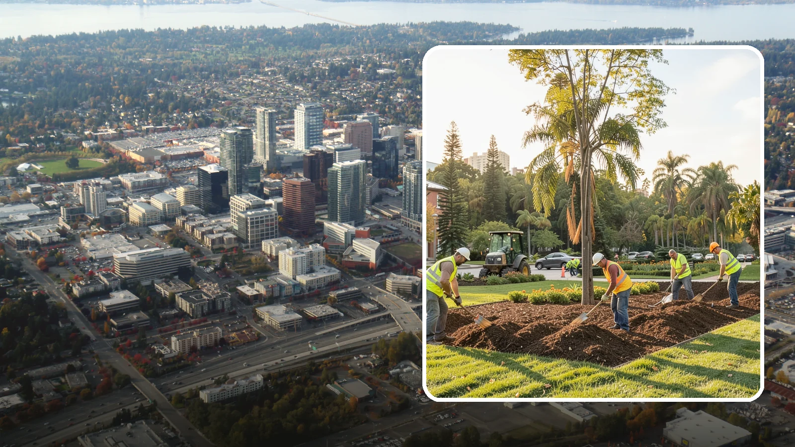 Municipal Mulch Installation in Bellevue, King County, WA - We install organic mulch in public tree rings, beds, and natural areas to conserve moisture and build soil for Western Washington...