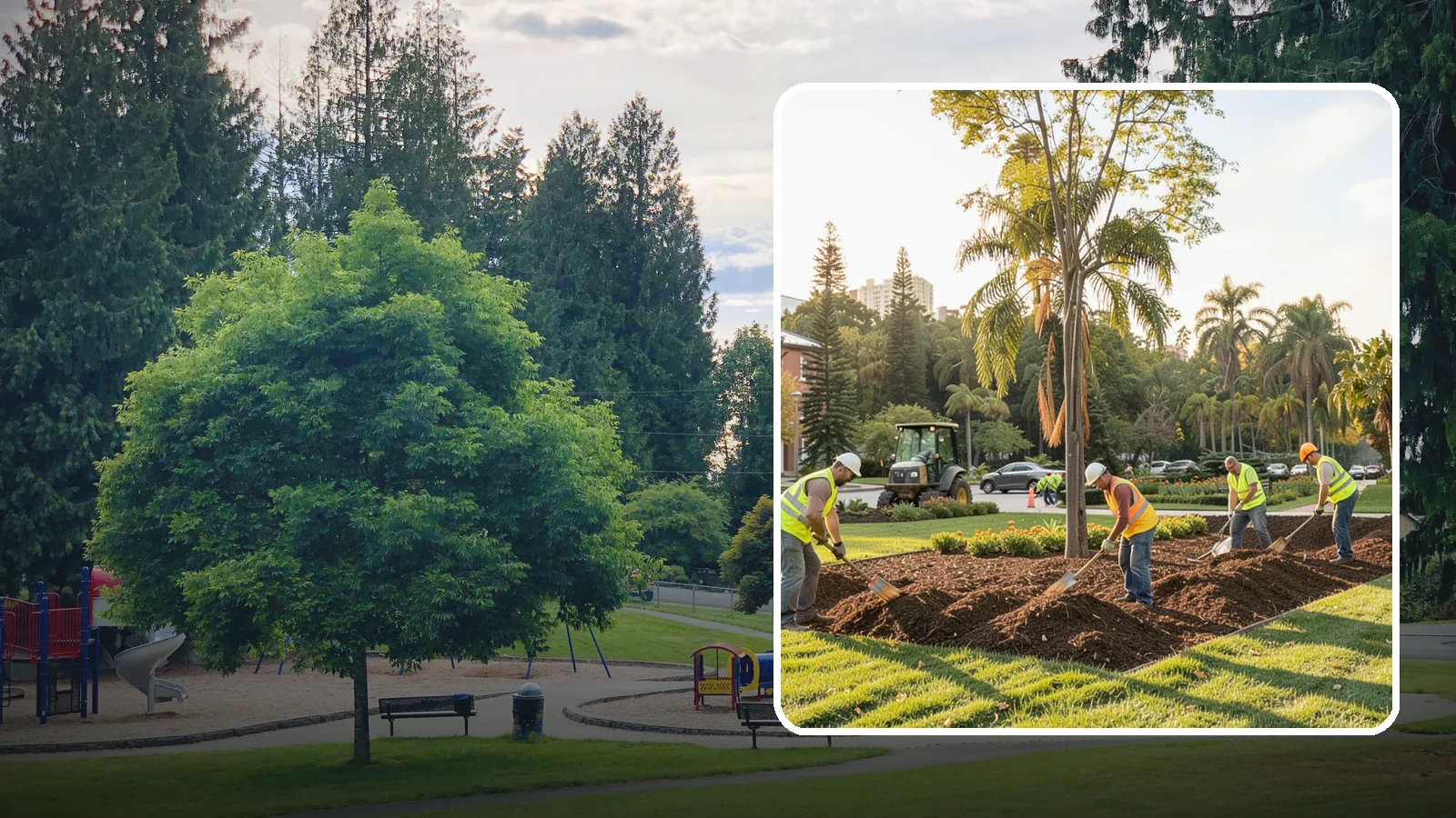 Municipal Mulch Installation in Bonney Lake, Pierce County, WA - We install organic mulch in public tree rings, beds, and natural areas to conserve moisture and build soil for Western Washington...