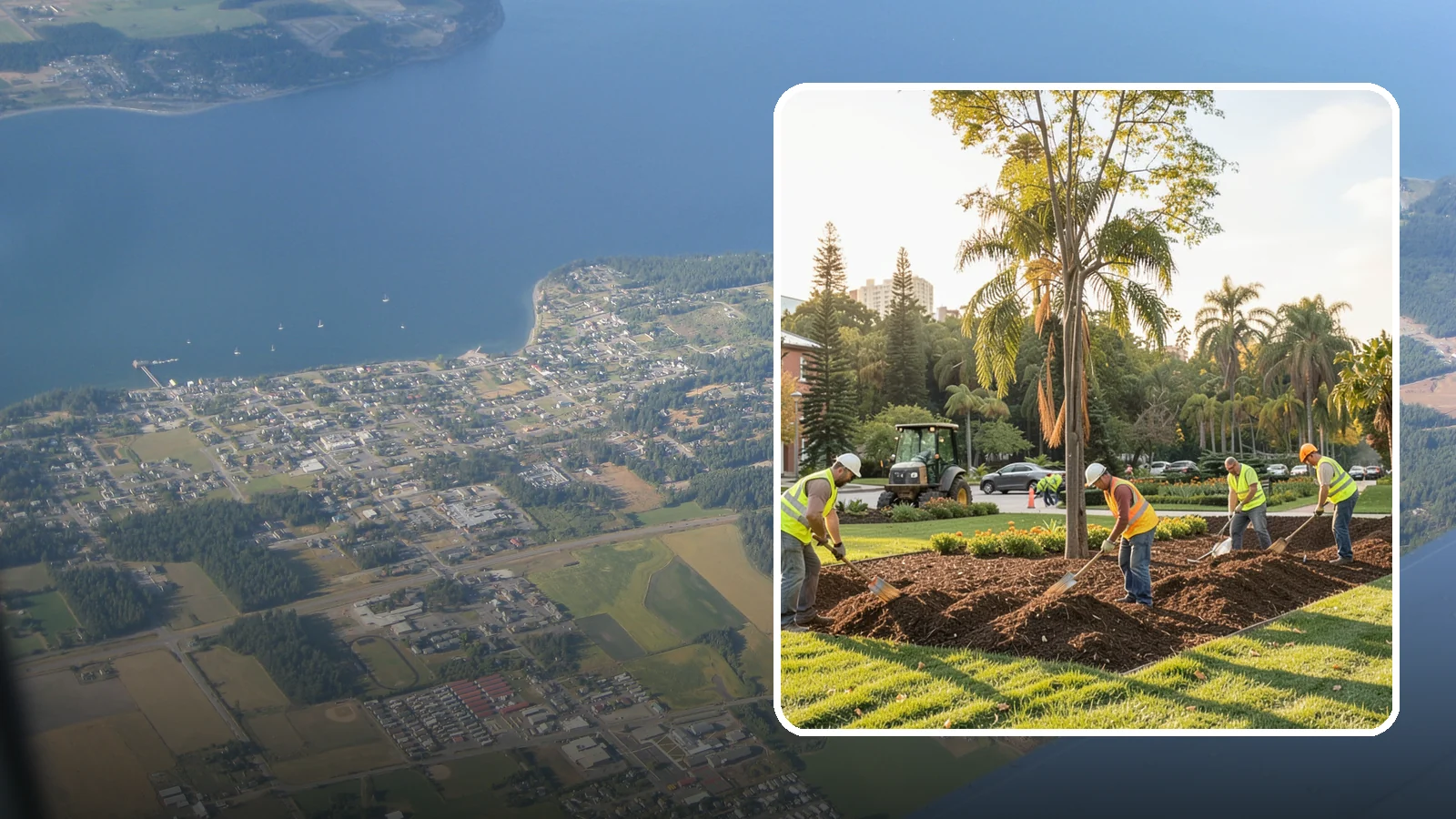 Municipal Mulch Installation in Coupeville, Island County, WA - We install organic mulch in public tree rings, beds, and natural areas to conserve moisture and build soil for Western Washington...