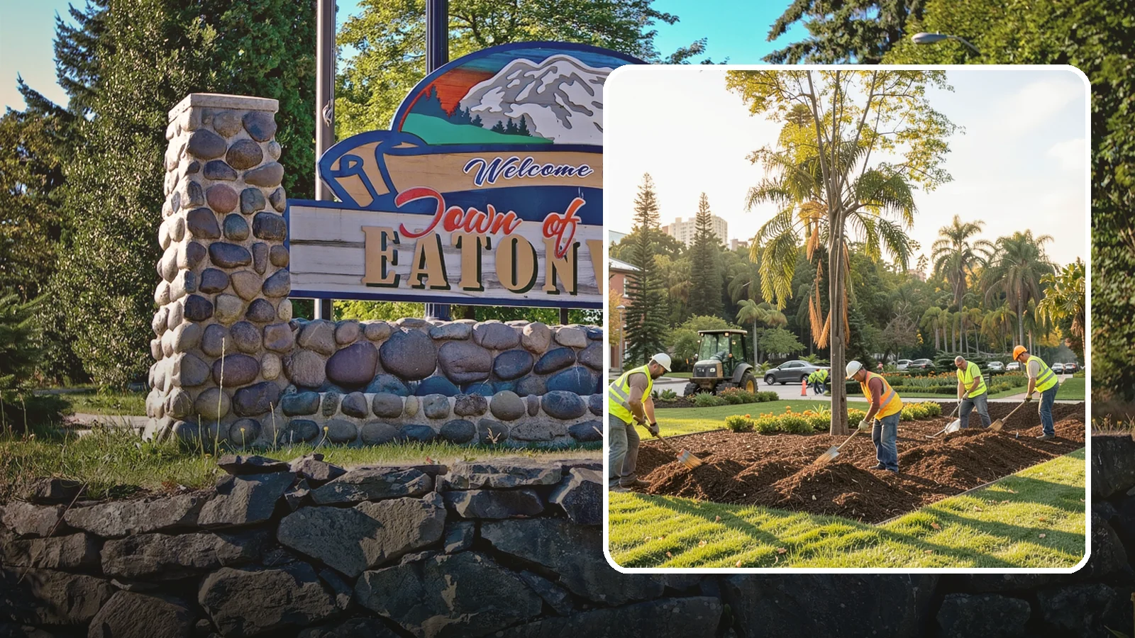 Municipal Mulch Installation in Eatonville, Pierce County, WA - We install organic mulch in public tree rings, beds, and natural areas to conserve moisture and build soil for Western Washington...