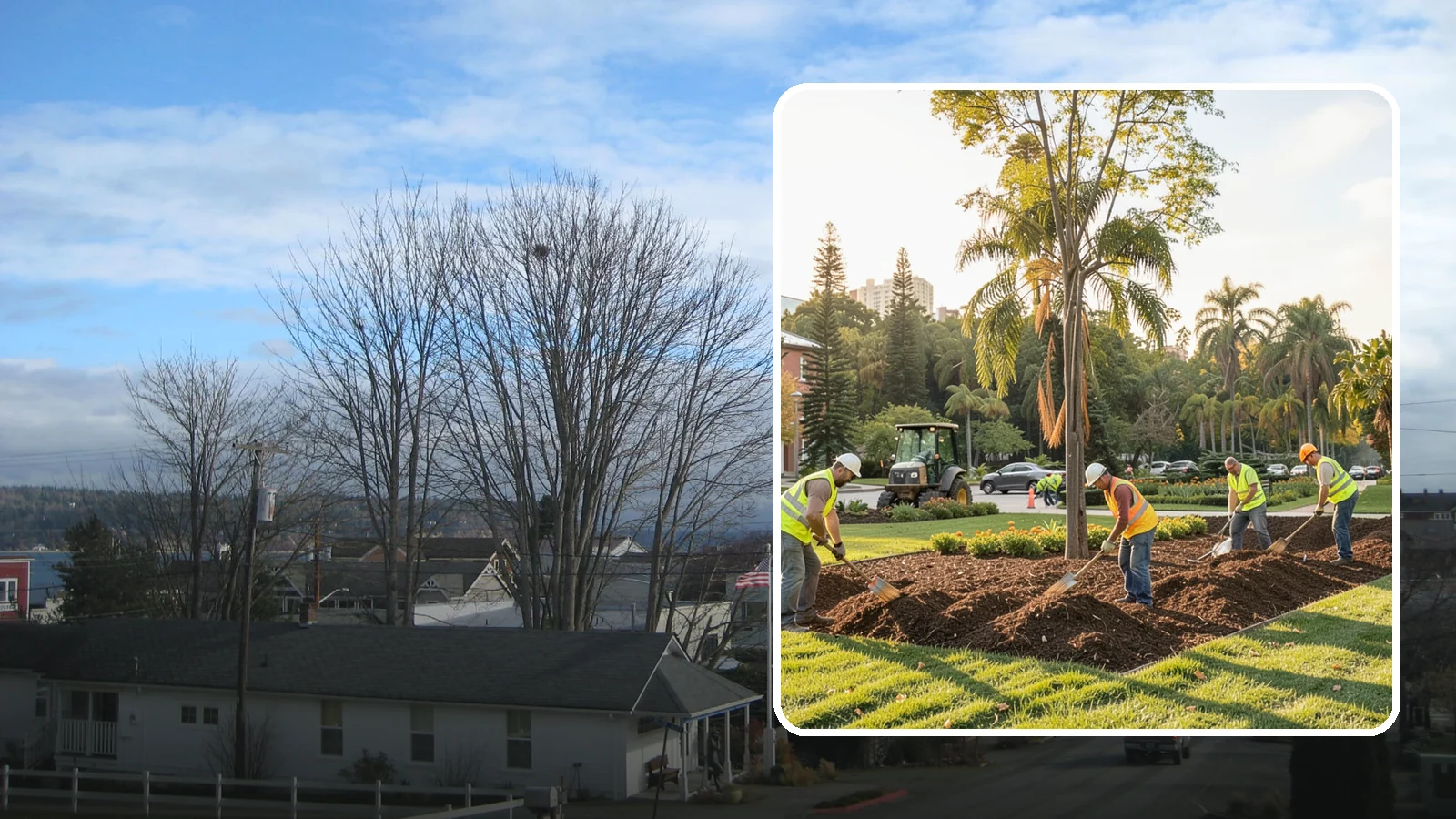 Municipal Mulch Installation in Langley, Island County, WA - We install organic mulch in public tree rings, beds, and natural areas to conserve moisture and build soil for Western Washington...