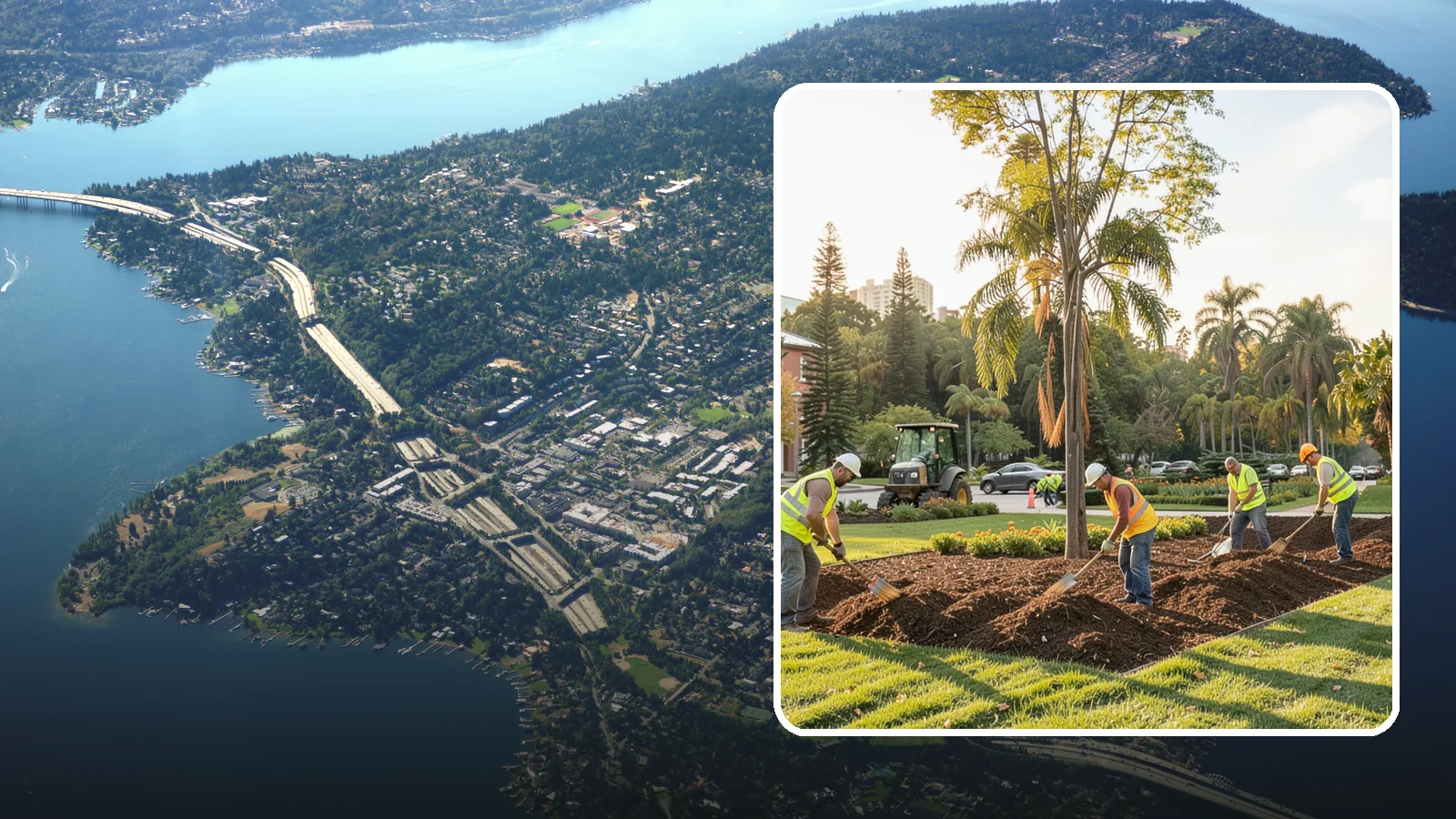 Municipal Mulch Installation in Mercer Island, King County, WA - We install organic mulch in public tree rings, beds, and natural areas to conserve moisture and build soil for Western Washington...