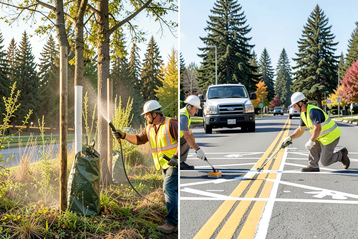 Municipal Mulch Installation in Puyallup, Pierce County, WA - We calculate coverage and confirm mulch type and depth by area