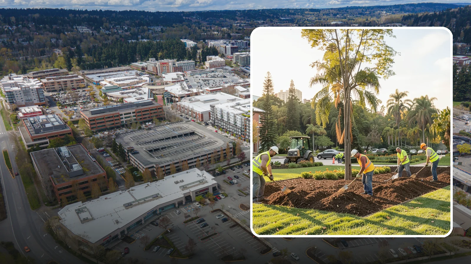 Municipal Mulch Installation in Redmond, King County, WA - We install organic mulch in public tree rings, beds, and natural areas to conserve moisture and build soil for Western Washington...