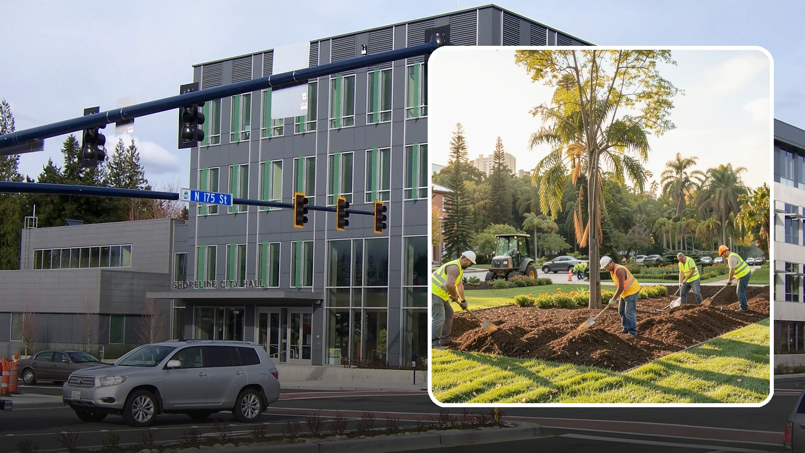 Municipal Mulch Installation in Shoreline, King County, WA - We install organic mulch in public tree rings, beds, and natural areas to conserve moisture and build soil for Western Washington...