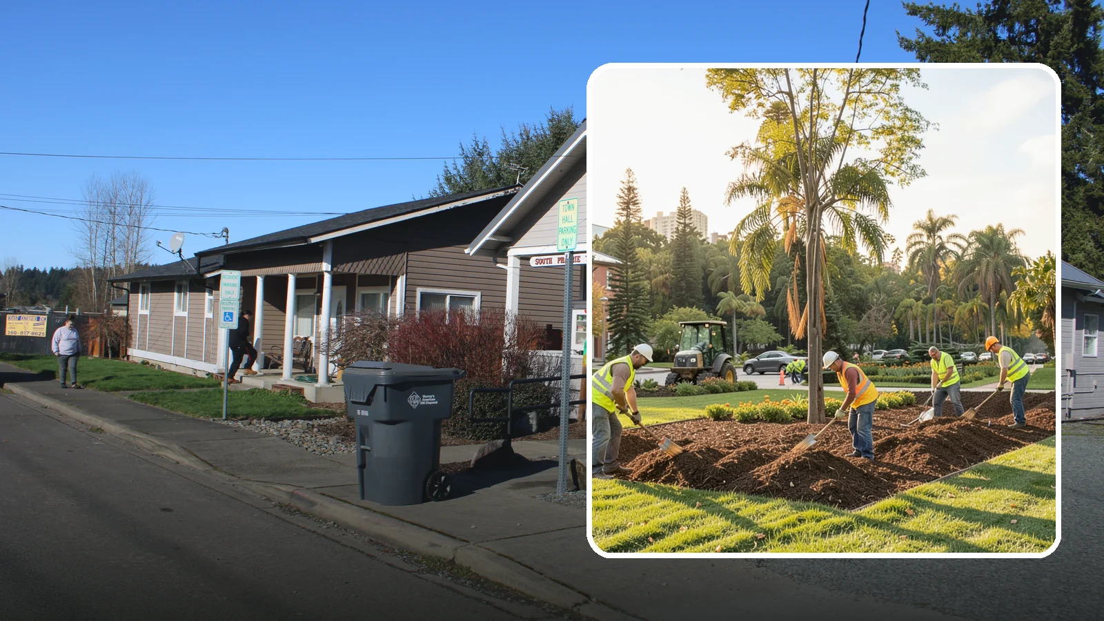 Municipal Mulch Installation in South Prairie, Pierce County, WA - We install organic mulch in public tree rings, beds, and natural areas to conserve moisture and build soil for Western Washington...