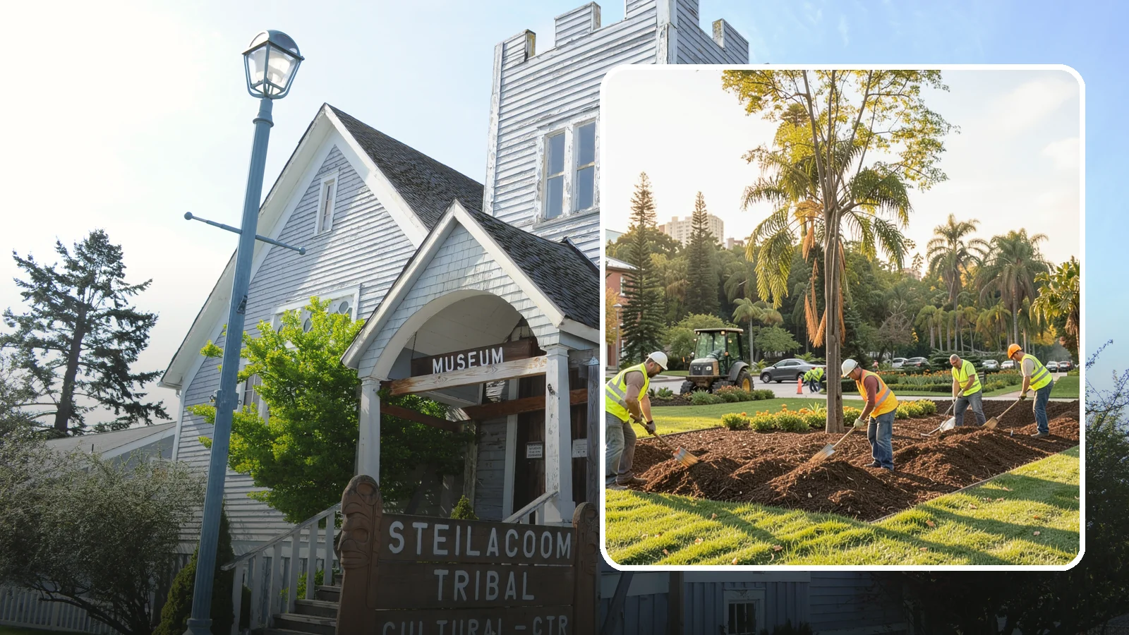 Municipal Mulch Installation in Steilacoom, Pierce County, WA - We install organic mulch in public tree rings, beds, and natural areas to conserve moisture and build soil for Western Washington...