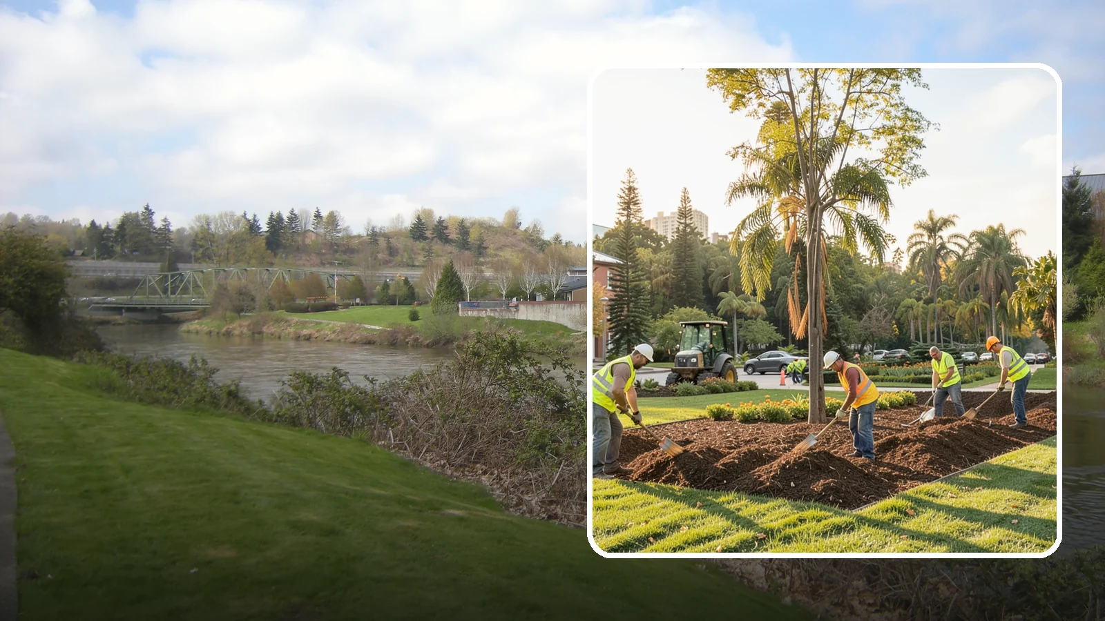 Municipal Mulch Installation in Tukwila, King County, WA - We install organic mulch in public tree rings, beds, and natural areas to conserve moisture and build soil for Western Washington...