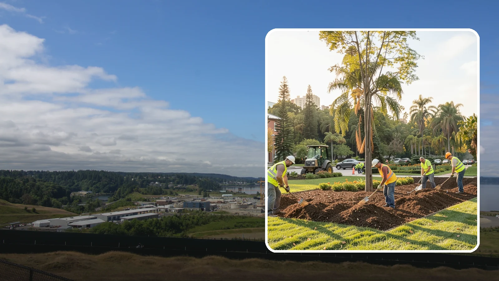 Municipal Mulch Installation in University Place, Pierce County, WA - We install organic mulch in public tree rings, beds, and natural areas to conserve moisture and build soil for Western Washington...