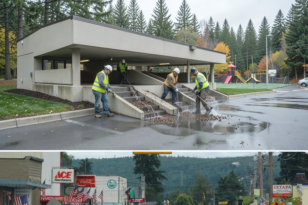 Municipal Plaza Cleaning in Carnation, King County, WA - Plaza cleaning is scheduled in the dry season and timed ahead of major public events to present spaces at their best.