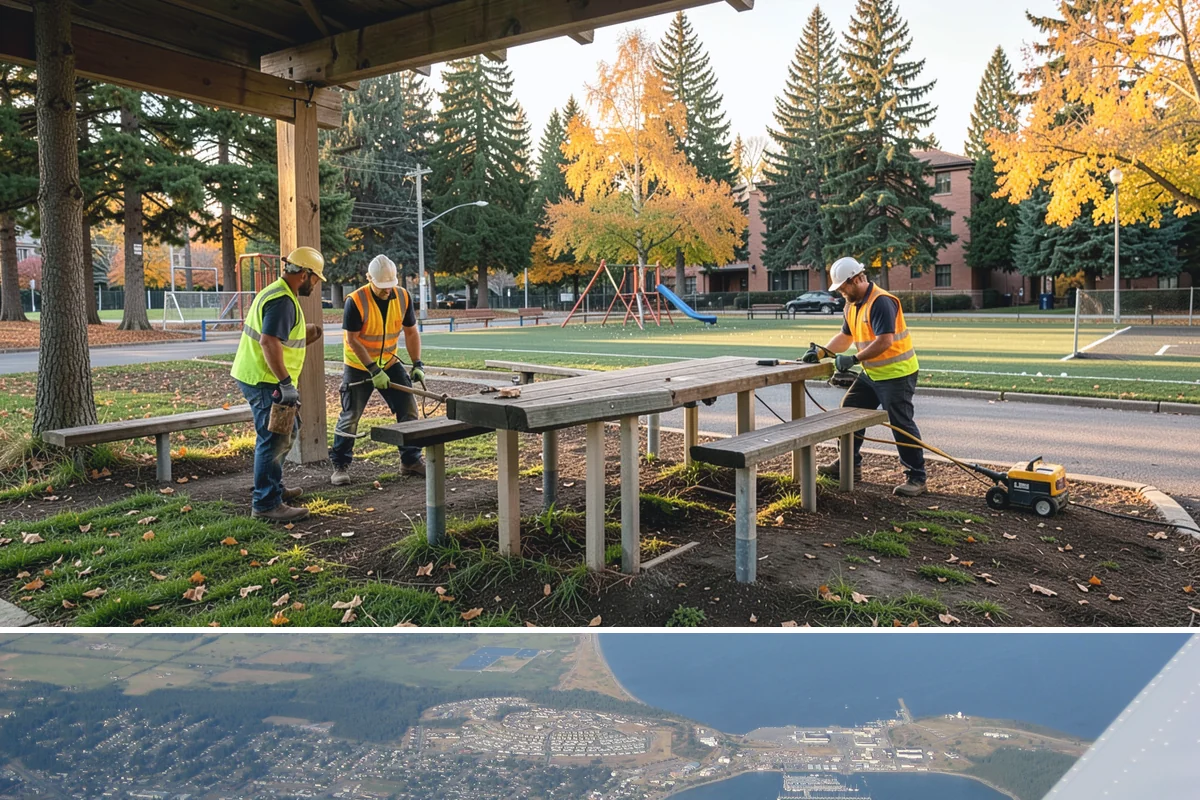 Municipal Restroom Construction in Oak Harbor, Island County, WA - Underground utility work and foundations proceed most reliably during the drier construction season.