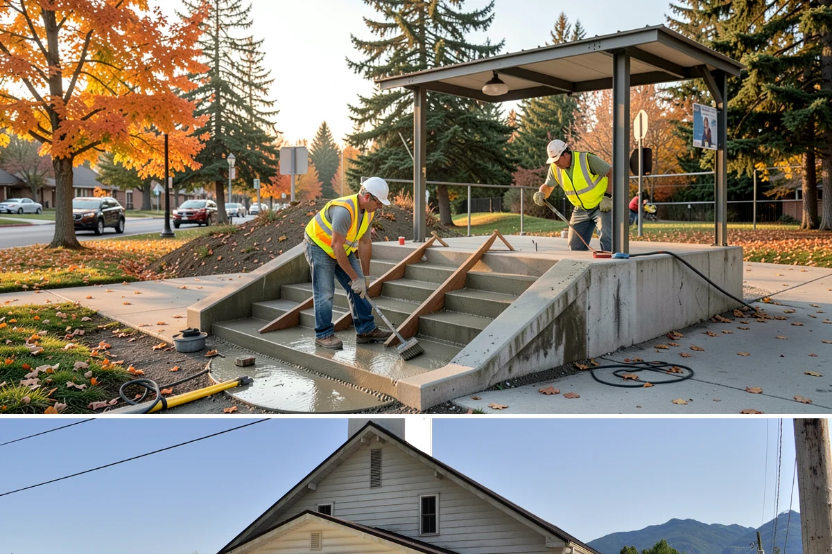 Municipal Shelter Construction in Concrete, Skagit County, WA - Dry-season scheduling protects slab pours and framing from the delays wet weather imposes on structural work.
