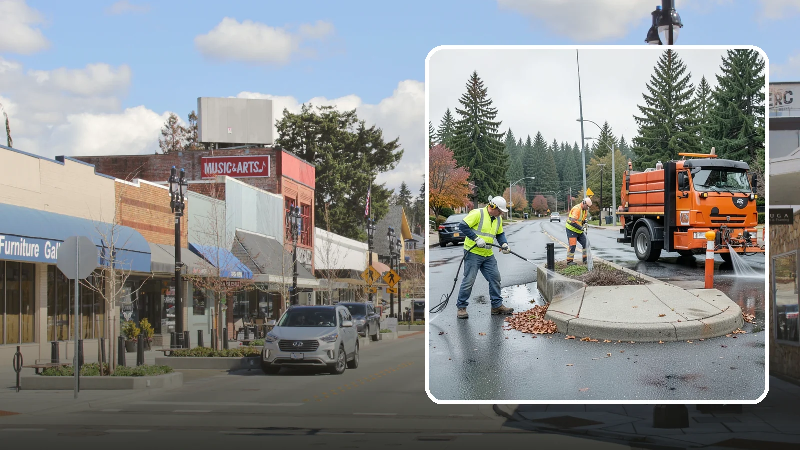 Municipal Sidewalk Cleaning in Bothell, King County, WA - We pressure wash public sidewalks and walkways to remove gum, grime, and stains for Western Washington cities and business...