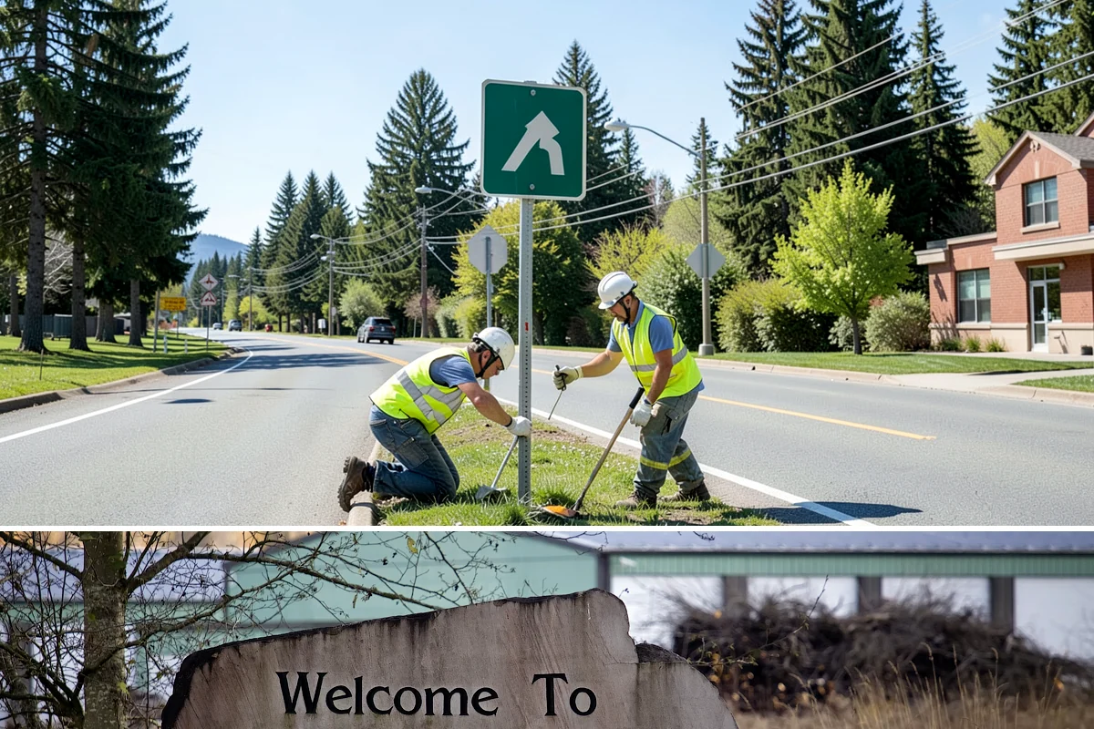 No Parking Sign Installation in Buckley, Pierce County, WA - No-parking signage is installed year-round, with new-post foundation work favored during drier ground conditions.