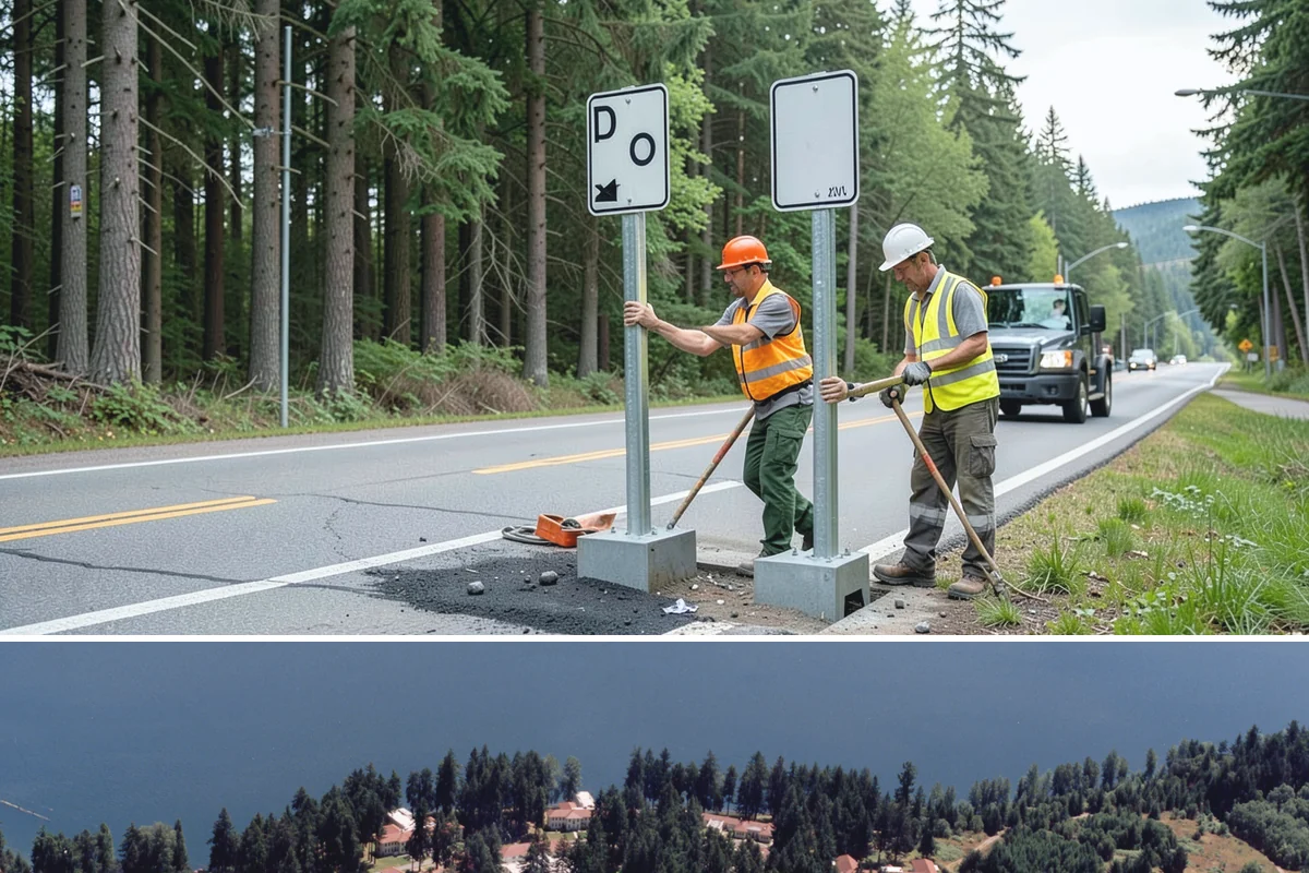 No Parking Sign Installation in Lakewood, Pierce County, WA - No-parking signage is installed year-round, with new-post foundation work favored during drier ground conditions.