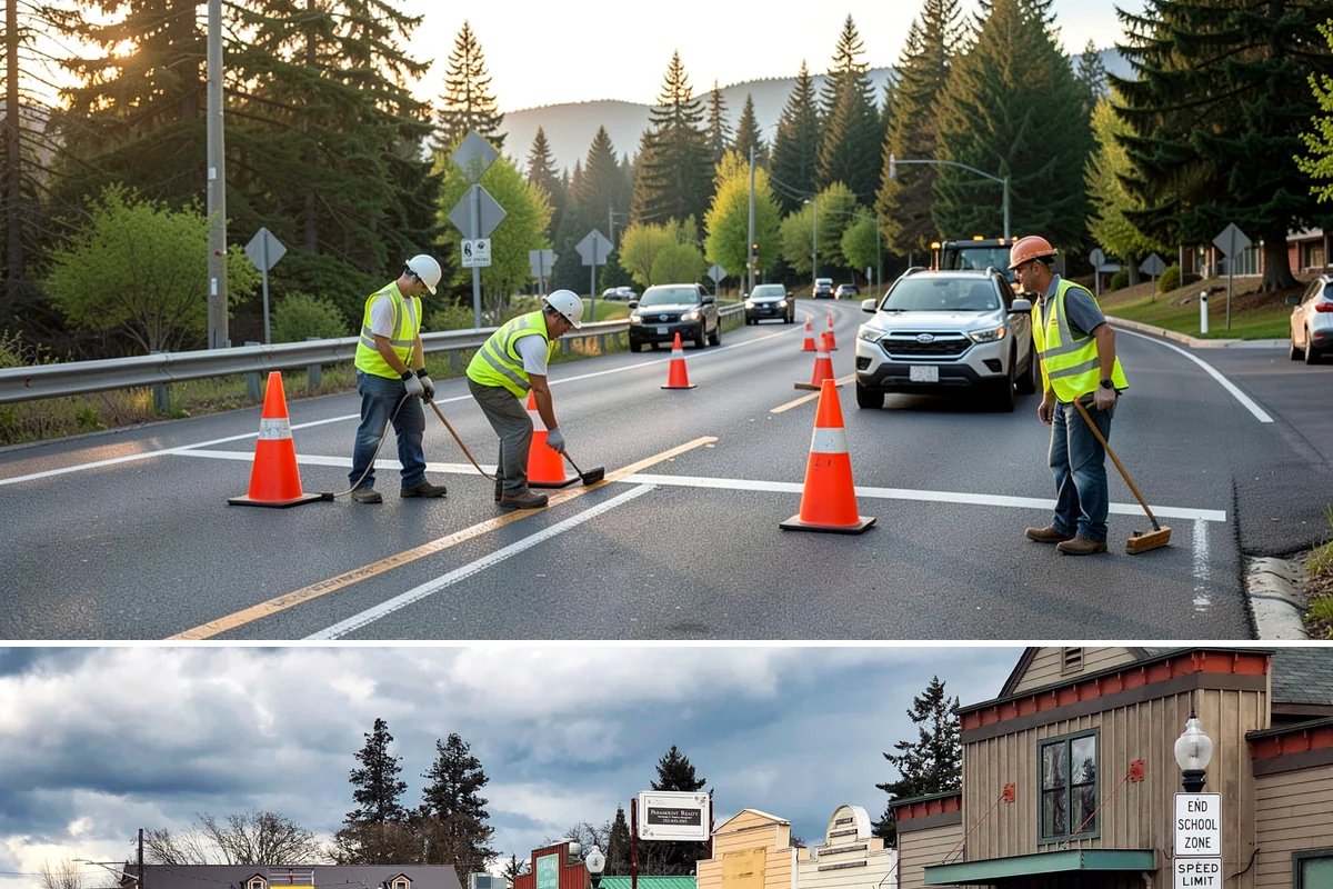 No Parking Sign Installation in Roy, Pierce County, WA - No-parking signage is installed year-round, with new-post foundation work favored during drier ground conditions.